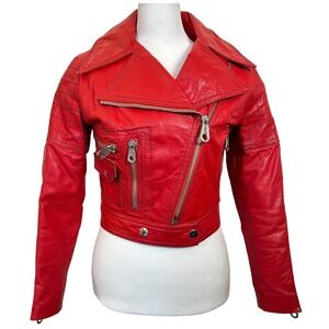 Suburban Heritage Red Leather Cropped Moto Biker Jacket XS